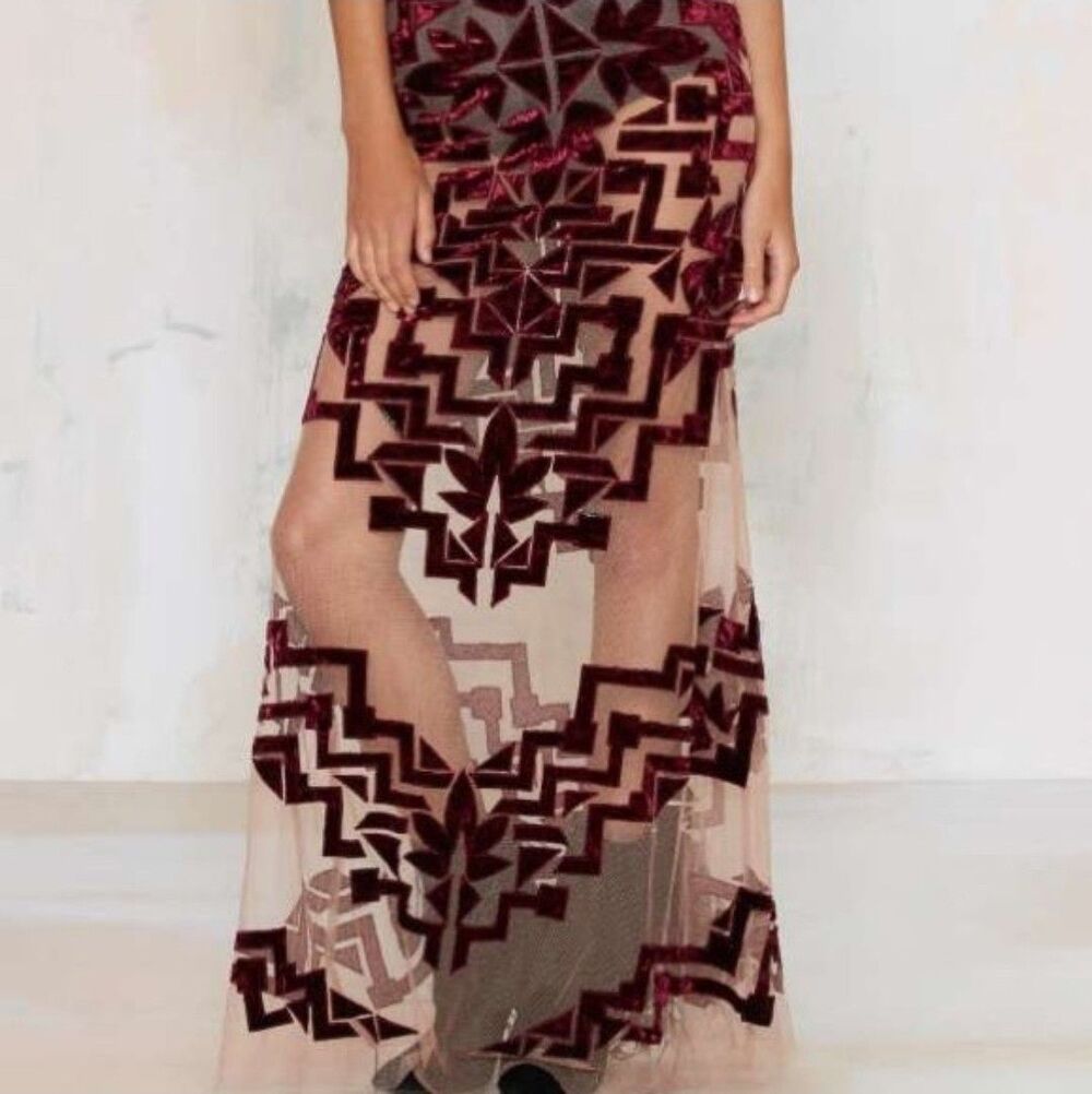 For Love & Lemons Vienna Maxi Dress SMALL Velvet Sheer Mesh Net Blue Open Back * - Picture 4 of 16